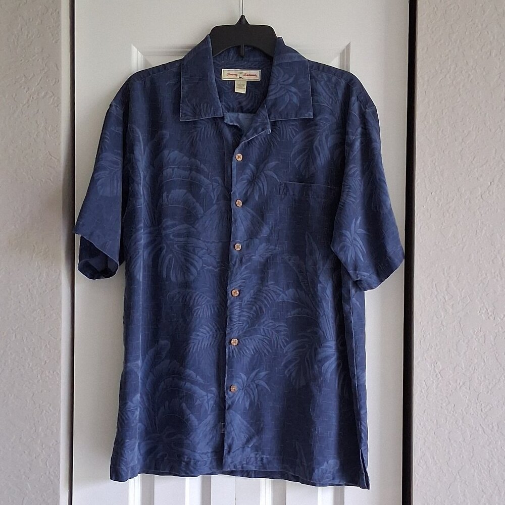 Tommy Bahama Dark Blue Hawaiian Short Sleeve Silk Shirt Men's Size L